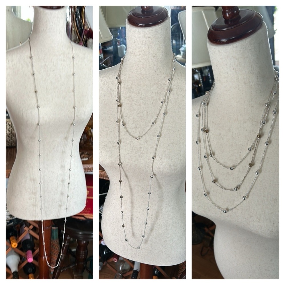 Vintage Flapper Length Silver-Tone Ball Bead Necklace